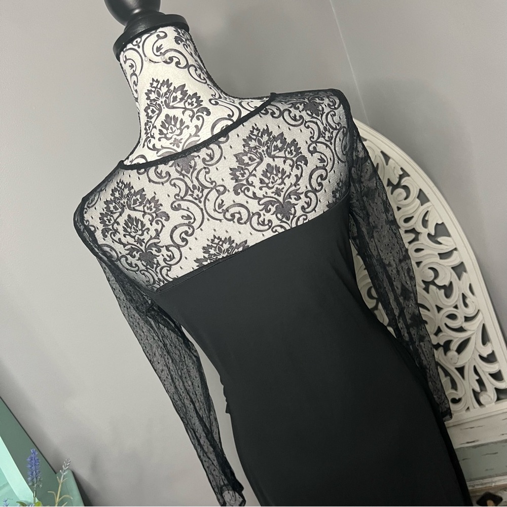 Vince Camuto Ruched Dot Mesh Dress Size Medium Black LBD Wedding Guest - Picture 10 of 14
